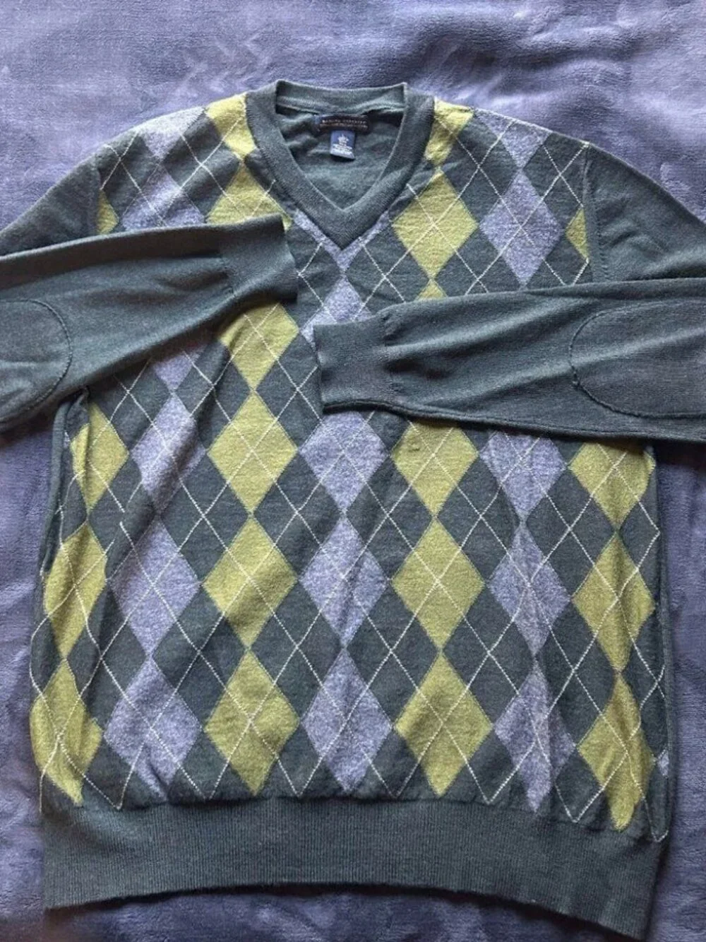 Banana Republic Italian Merino Argyle V-Neck Sweater L Green Mens